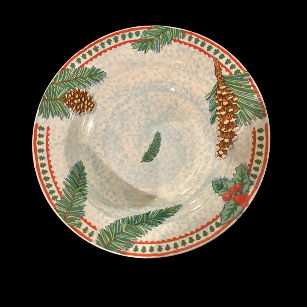 Holiday Lodge Christmas Bowl 9" x 2". Pinecones and Holly